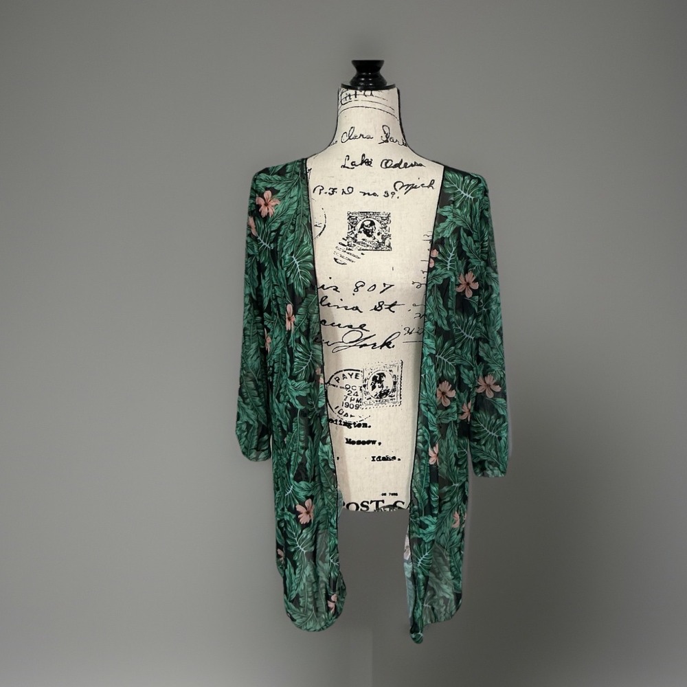 Tropical Floral Print Kimono Cover Up Green Peach Lightweight Duster‎